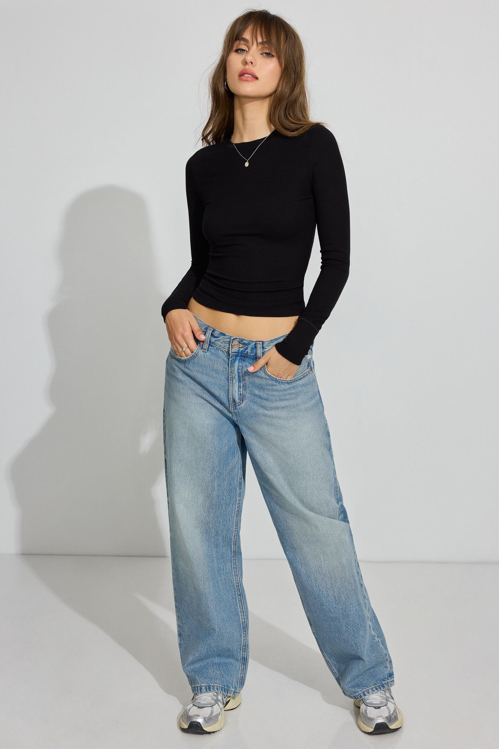 Ribbed Seamed Long Sleeve Crewneck Top Product Image