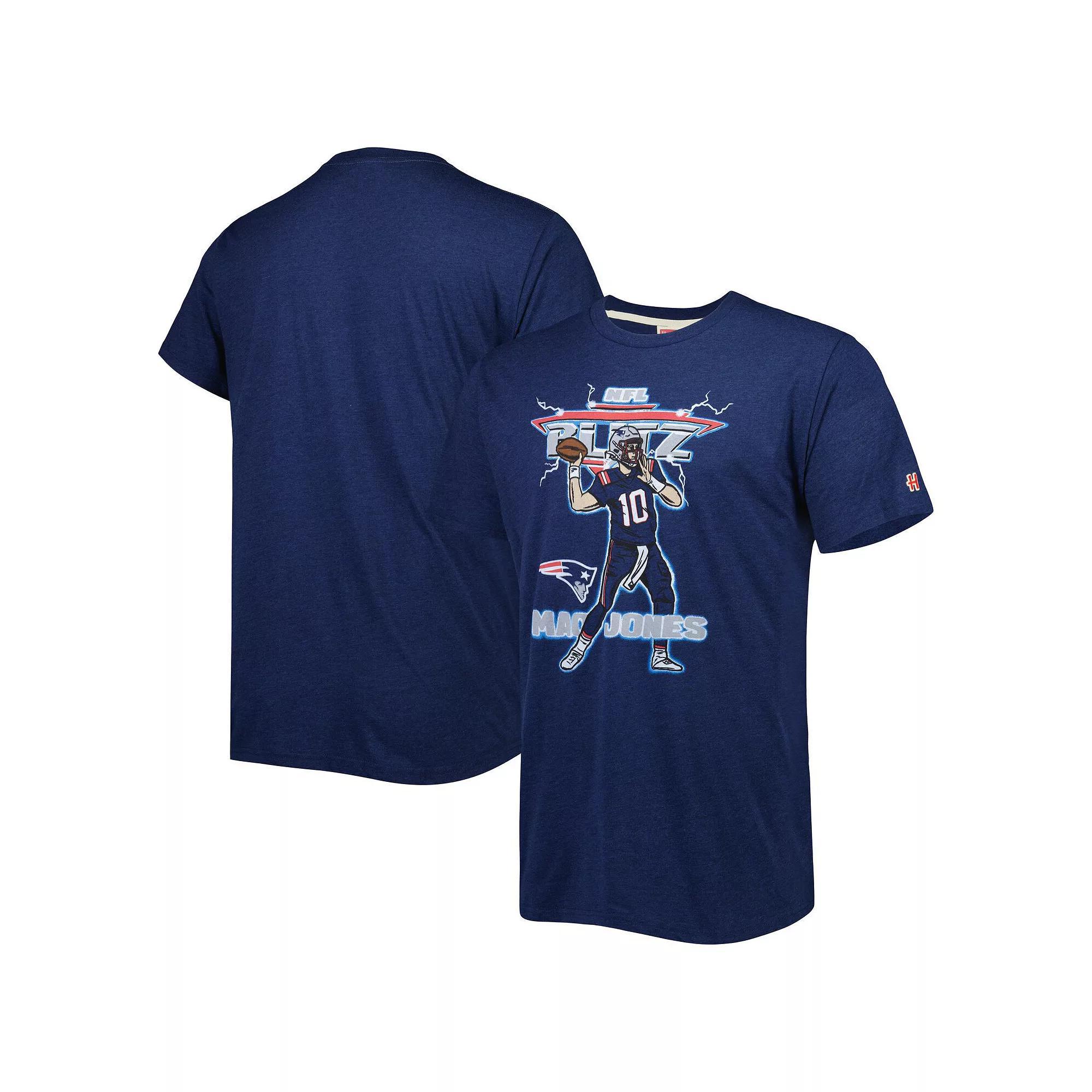 Men's Homage Mac Jones Heathered Heather Navy New England Patriots NFL Blitz Player Tri-Blend T-Shirt, Size: Large, Blue Product Image