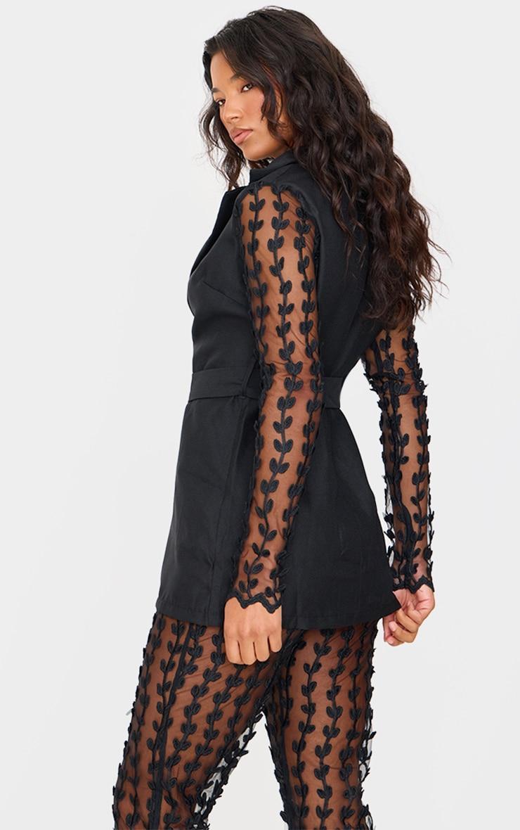 Black Woven Lace Sleeve Belt Blazer Product Image