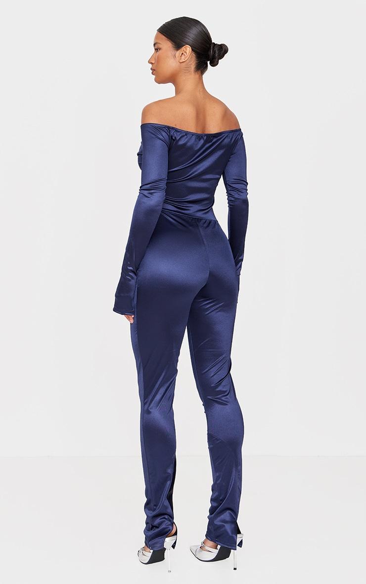 Navy Stretch Satin Cross Front Bardot Split Hem Jumpsuit Product Image