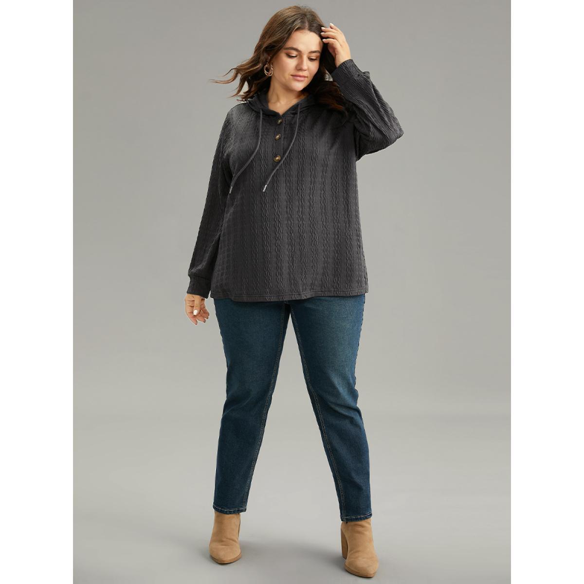 Plus Size Plain Texture Hooded Jacquard Sweatshirt Women Gray Casual Texture Hooded Dailywear Sweatshirts BloomChic 10/M Product Image