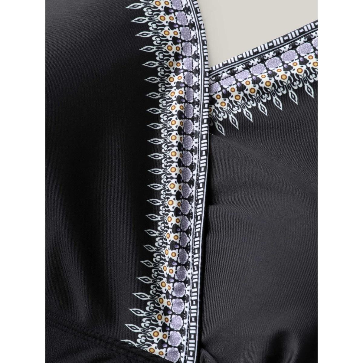 Plus Size Boho Print Adjustable Drawstrings Swim Tankini Women's Swimwear Black Beach Tie knot High stretch Skinny Overlap Collar Curve Swim Tops BloomChic 12/L Product Image