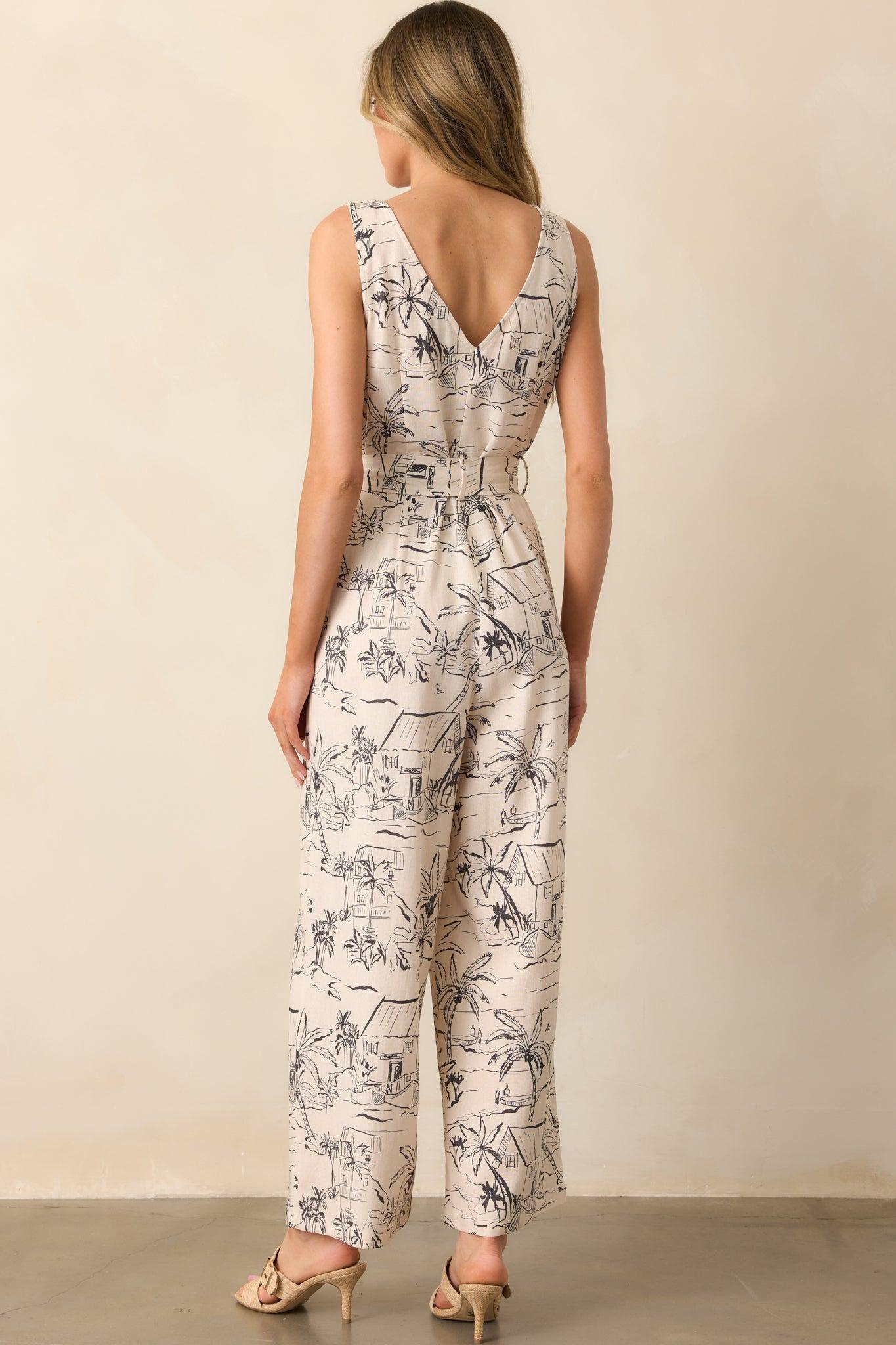 Living For This Ivory Tropical Print Linen Blend Sleeveless Jumpsuit Product Image