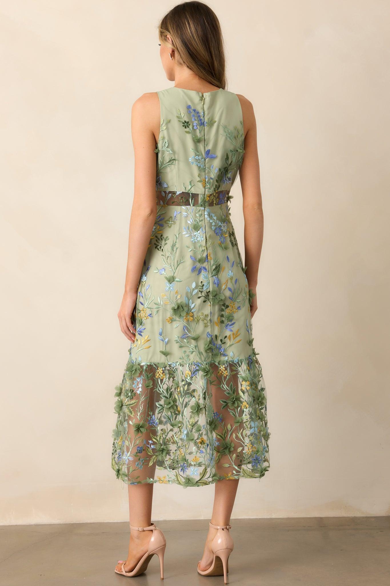 Back In Bloom Green Floral Embroidered Midi Dress Product Image