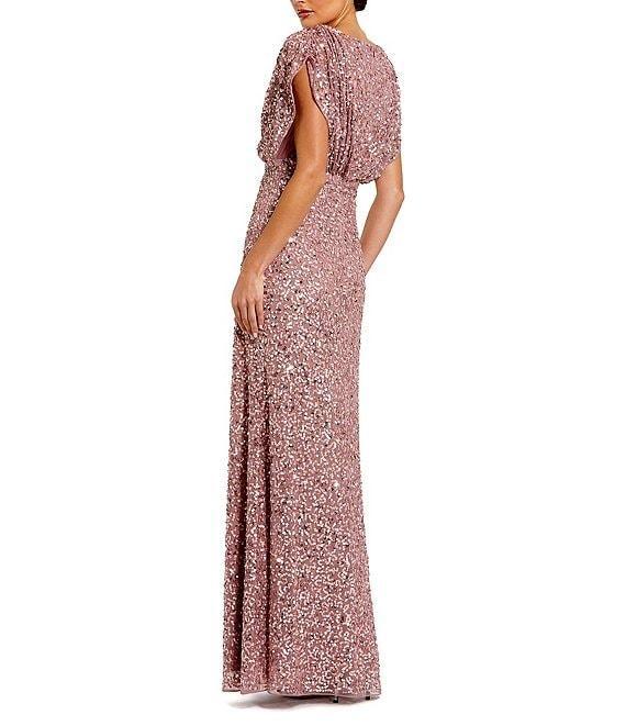 Mac Duggal Sequin Surplice V-Neck Draped 3/4 Sleeve Blouson Bodice Sheath Gown Product Image