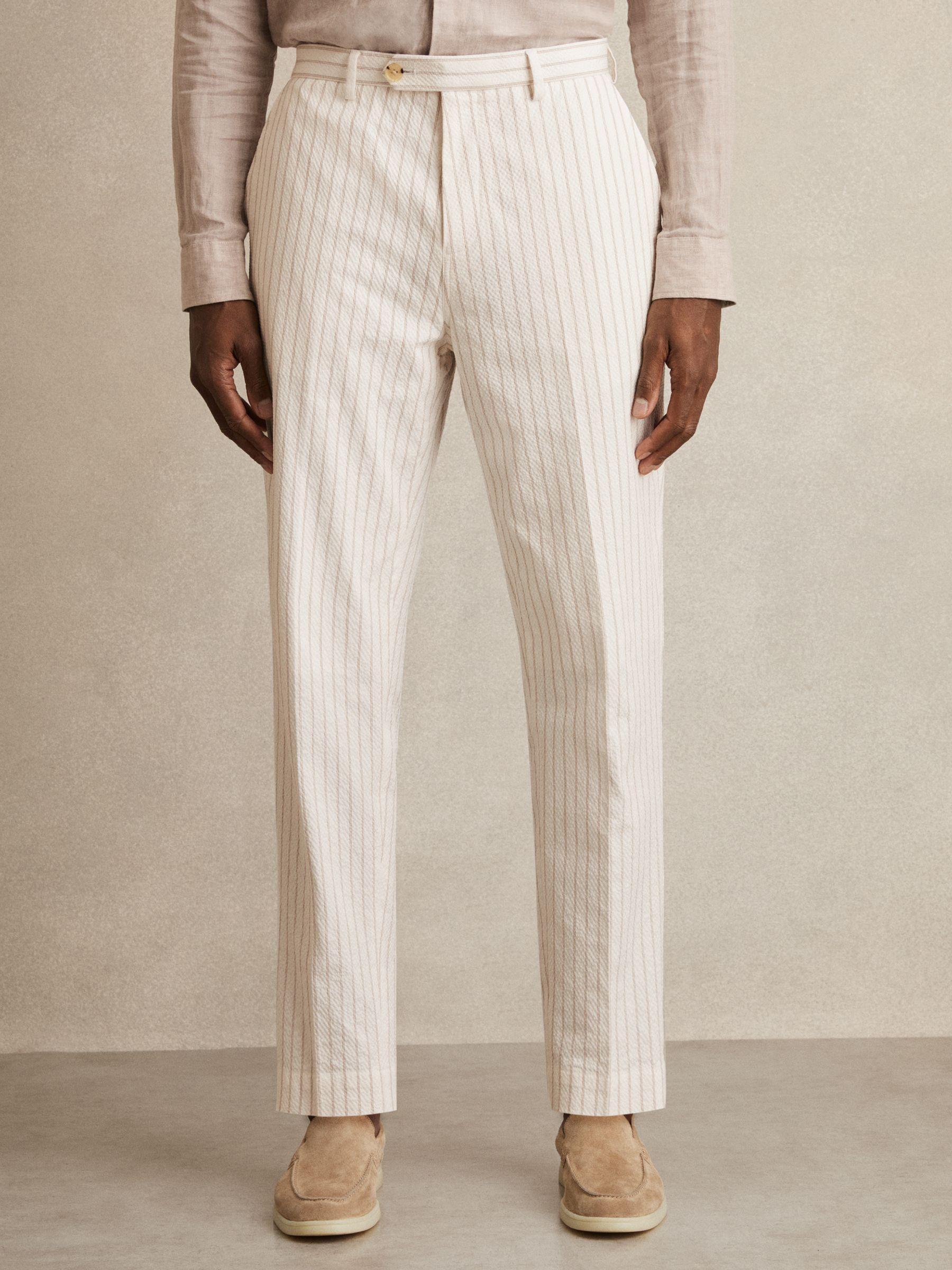 Regular-Fit Cotton-Blend Pinstripe Trousers in Off White/Taupe Brown Product Image