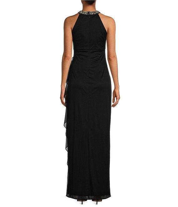 Alex Evenings Petite Size Sleeveless Beaded Halter Neck Cascade Ruffle Gown Product Image