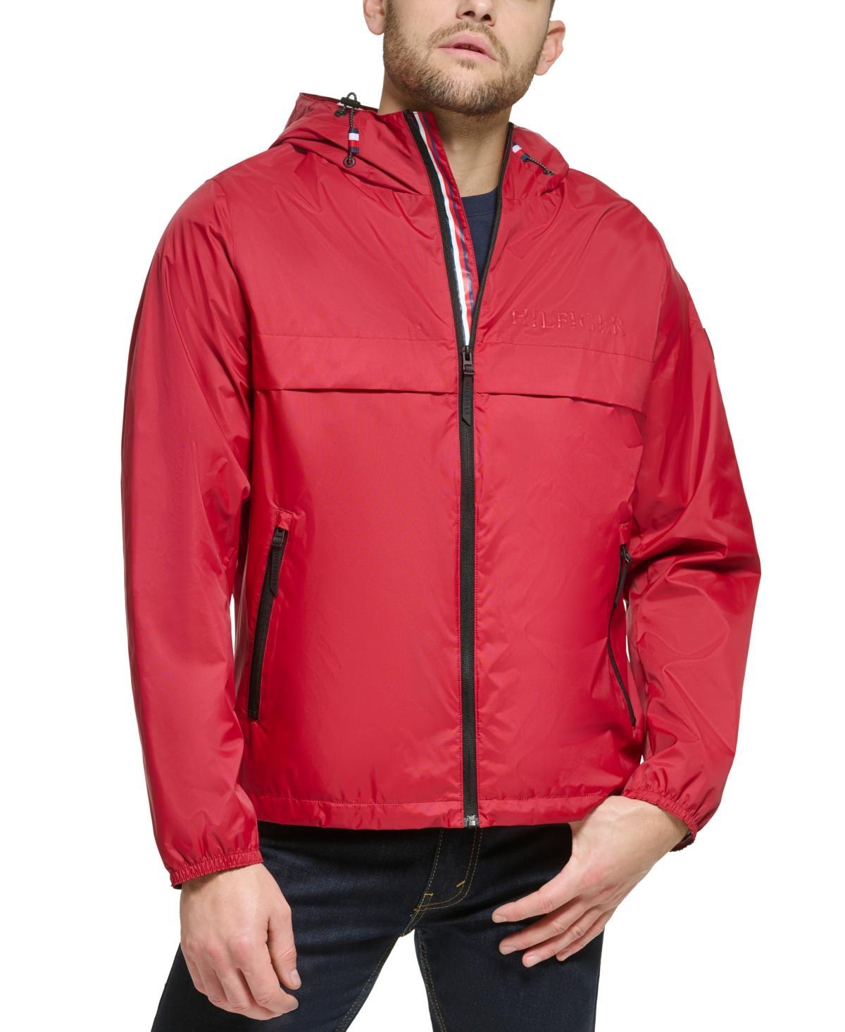 Men's Tommy Hilfiger Logo Patch Hooded Rain Jacket, Size: Medium, Black Red Combo Product Image