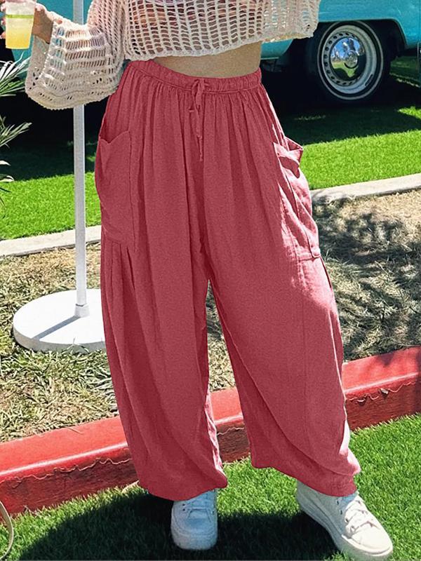 High Waisted Loose Drawstring Elasticity Pleated Pockets Solid Color Ninth Pants Trousers Product Image