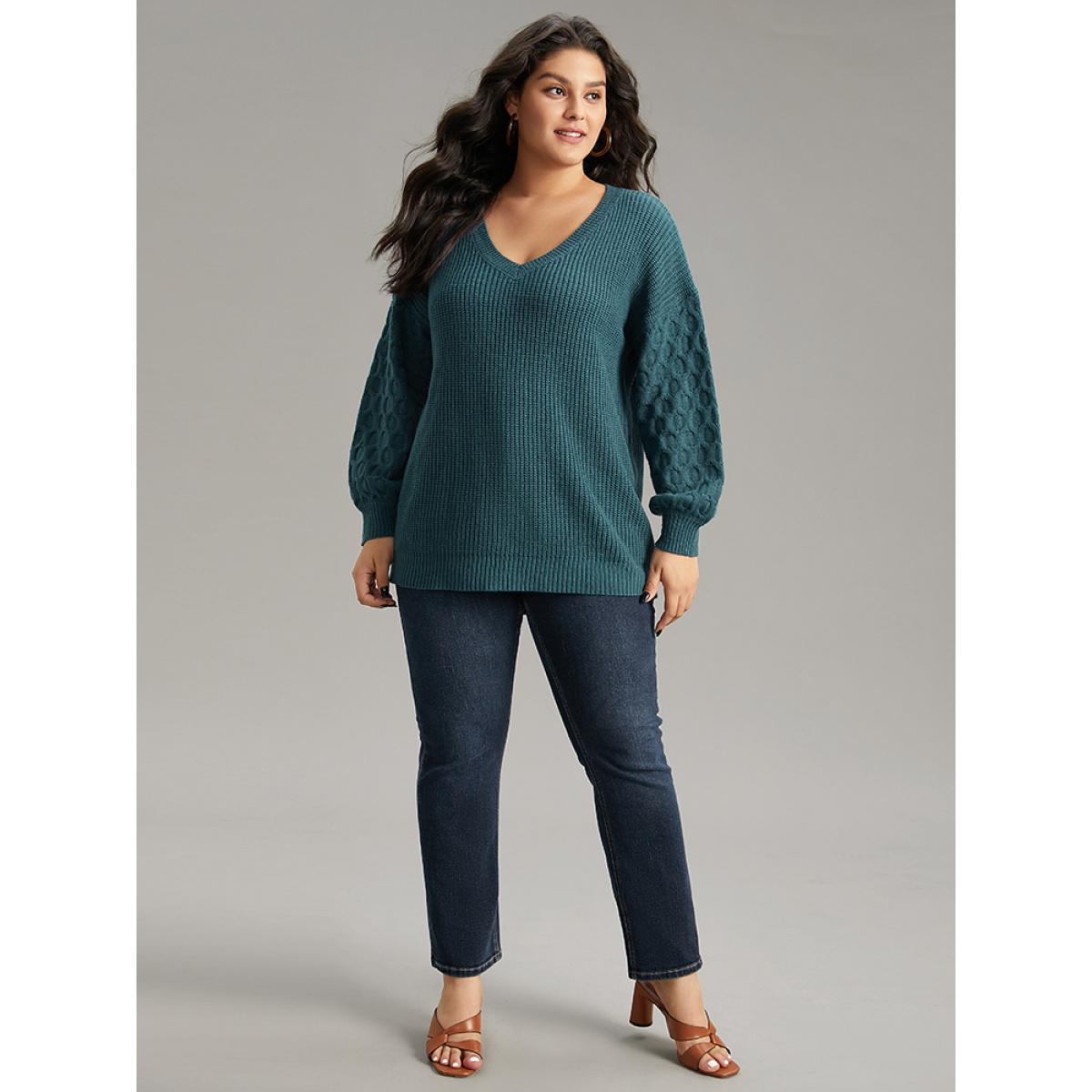 Plus Size Solid Cable Knit V Neck Drop Shoulder Pullover Teal Women Casual Long Sleeve V-neck Everyday Pullovers BloomChic 26/4X Product Image