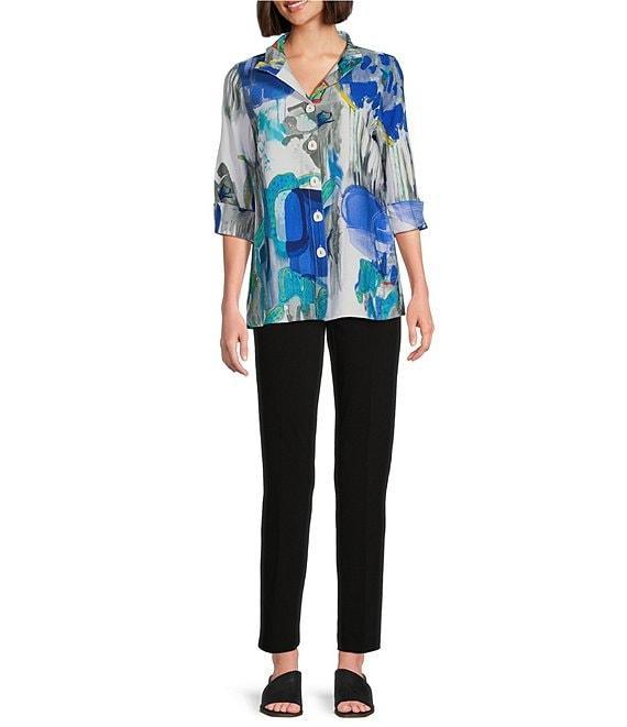 Ali Miles Petite Size Woven Abstract Print Wire Collar 3/4 Sleeve Button Front Tunic Product Image