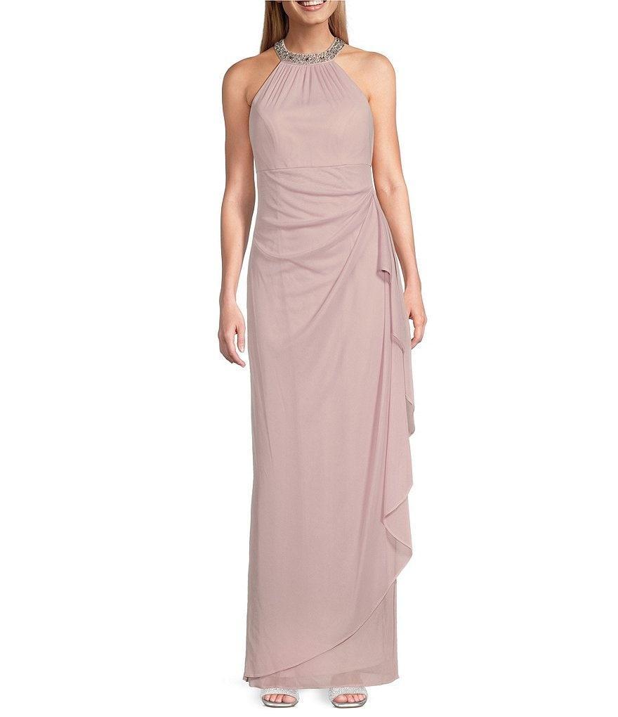 Alex Evenings Petite Size Sleeveless Beaded Halter Neck Cascade Ruffle Gown Product Image