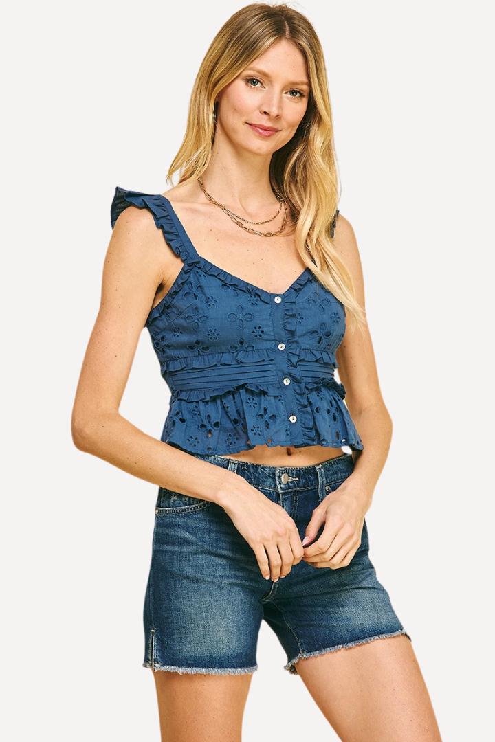 Eyelet Cropped Ruffle Tank Top Product Image