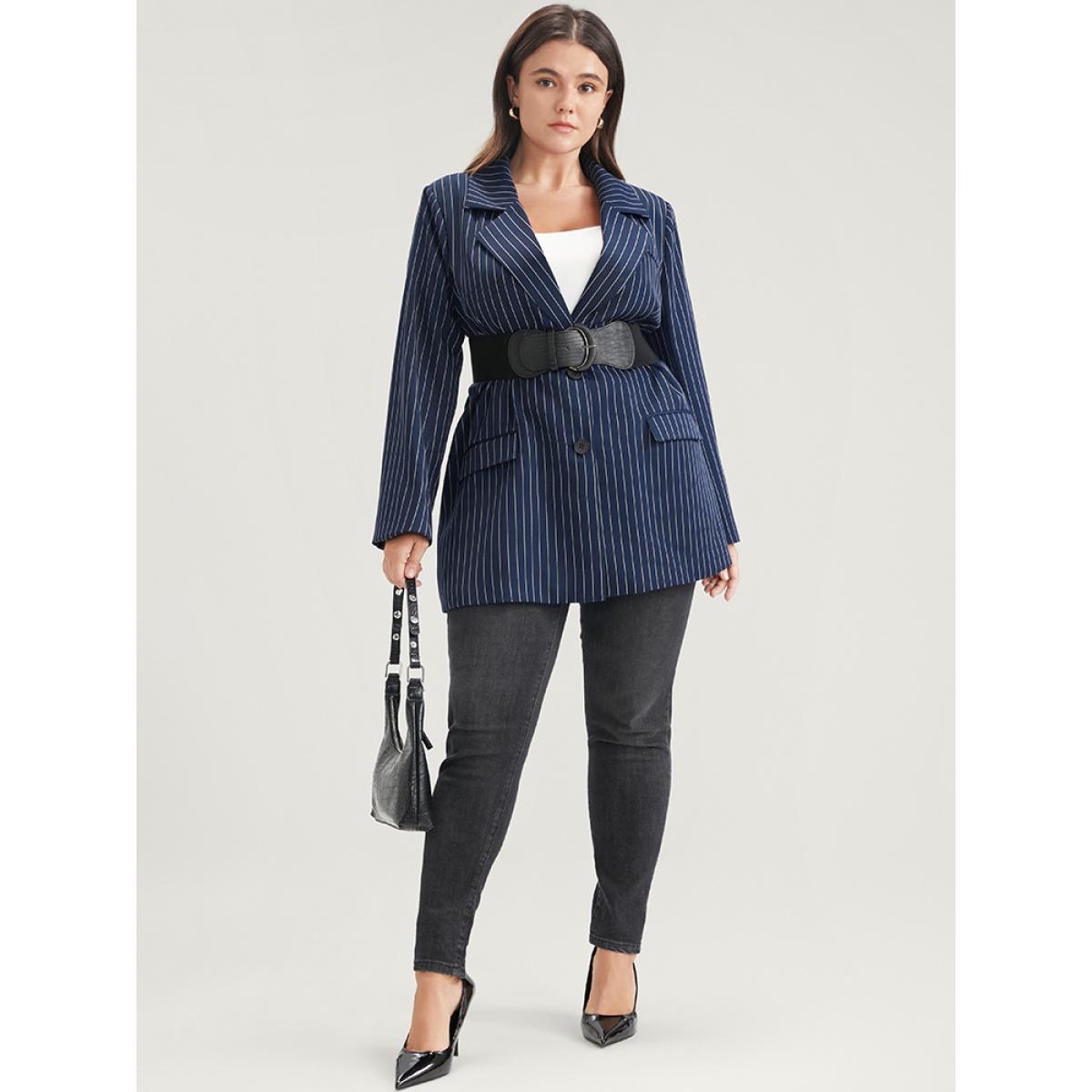 Plus Size Striped Suit Collar Flap Pocket Button Up Blazer Without Belt DarkBlue Women Work Striped Pocket Sleeve Long Sleeve Suit Collar 22-24/3X Pocket Office Blazers BloomChic Product Image