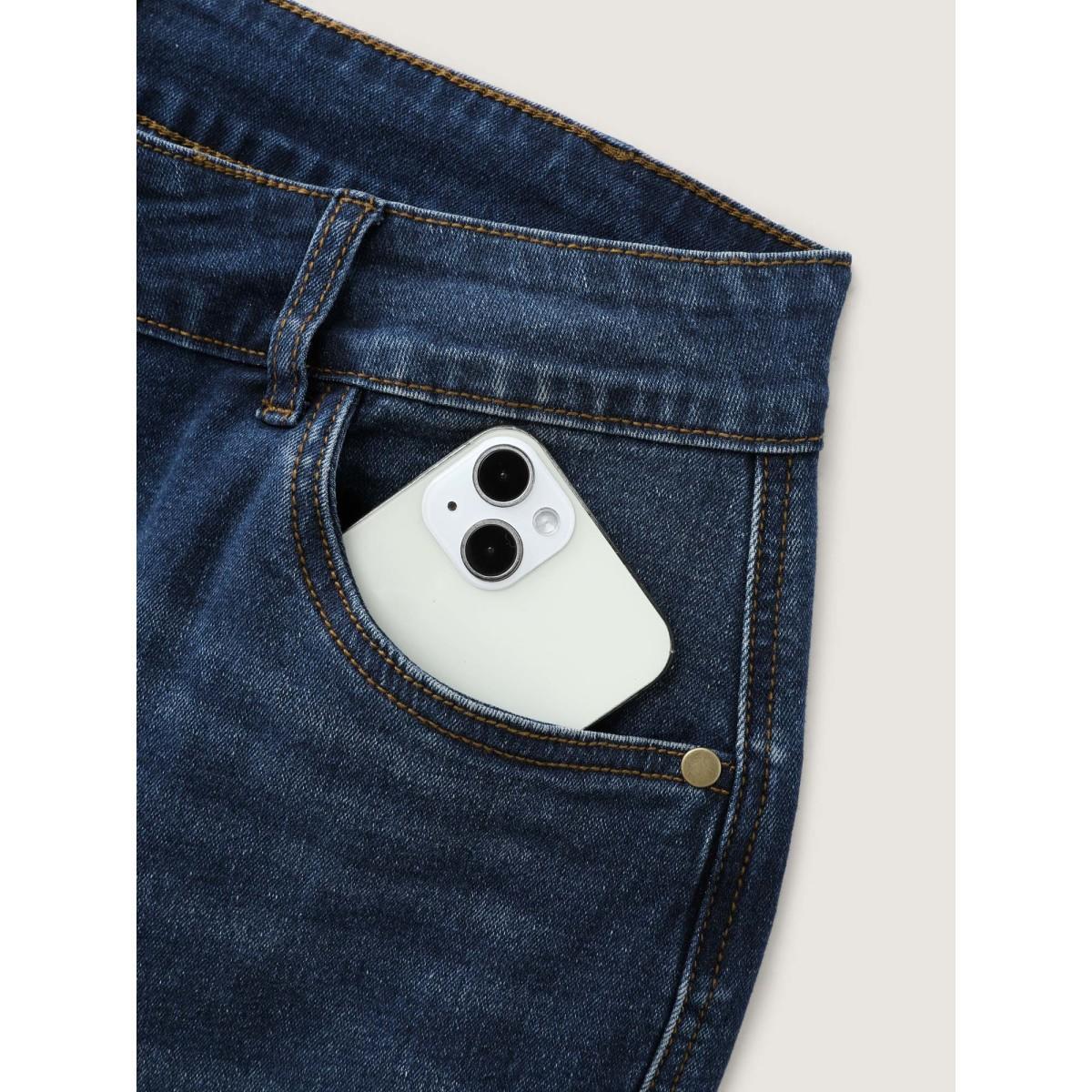 Plus Size Mid-Rise Flare Hem Jeans Women Denimindigo Timeless Topstitching Medium stretch Slanted pocket Jeans BloomChic 10/M Product Image