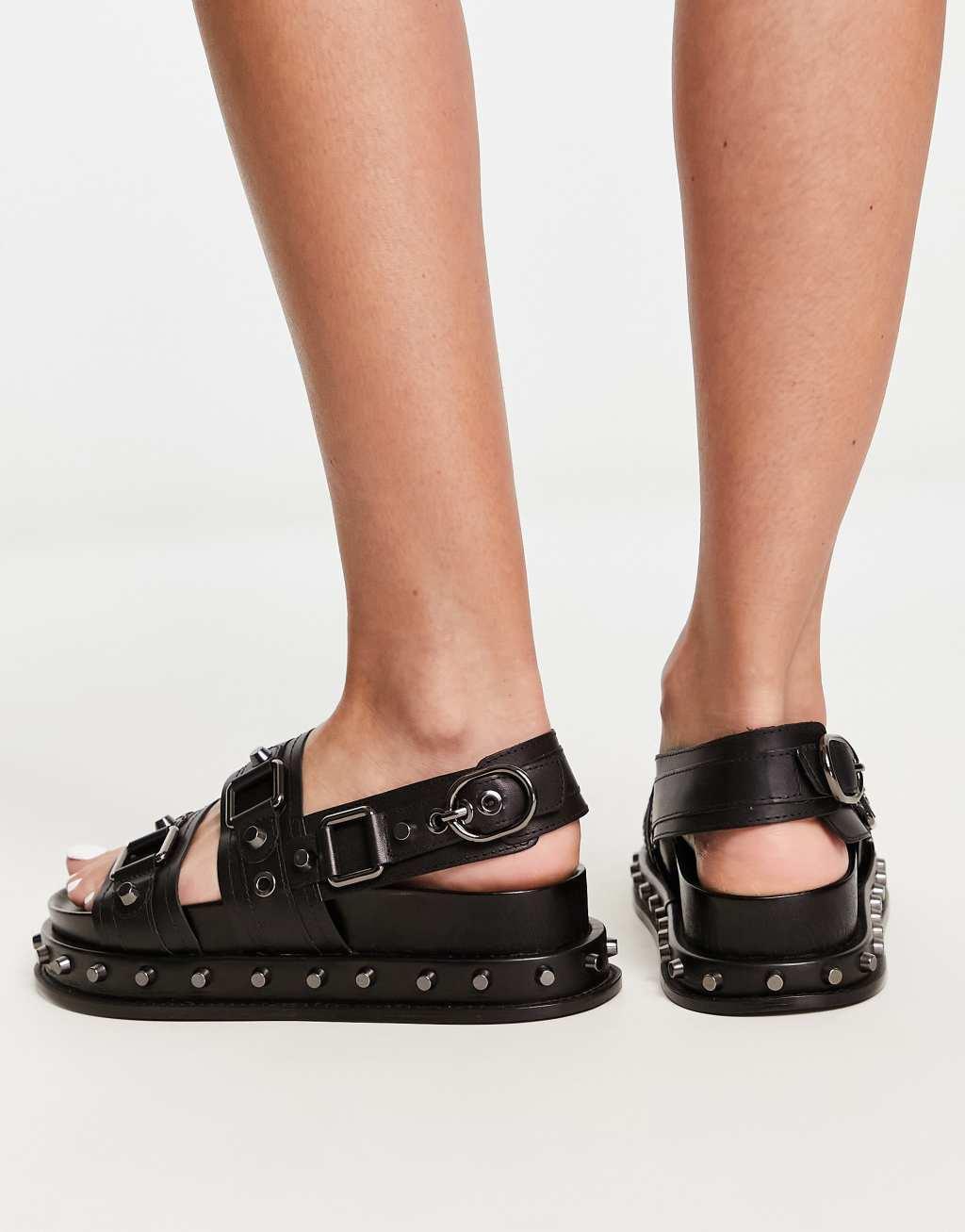 ASOS DESIGN Focused leather studded flat sandals Product Image