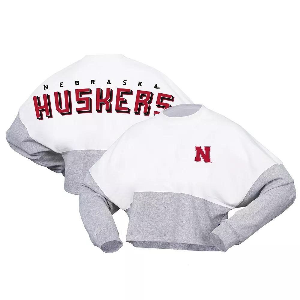 Women's Spirit Jersey White Nebraska Huskers Heather Block Cropped Long Sleeve Jersey T-Shirt,  Product Image