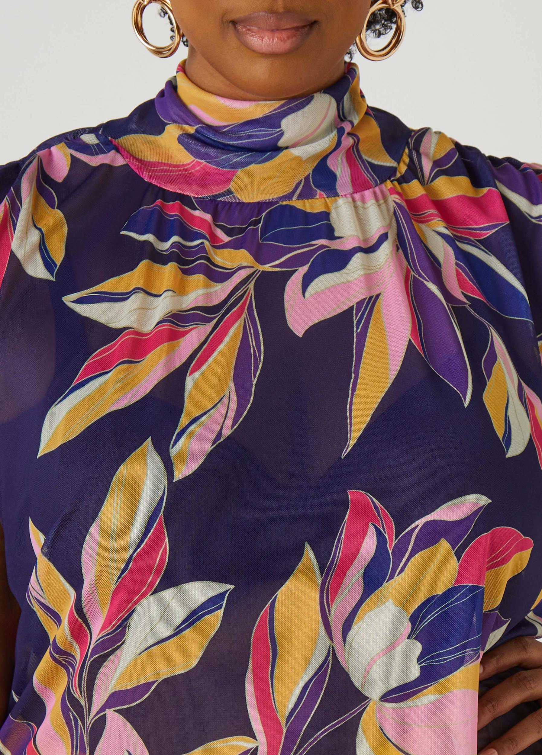 Printed Mesh Mock Neck Top Product Image