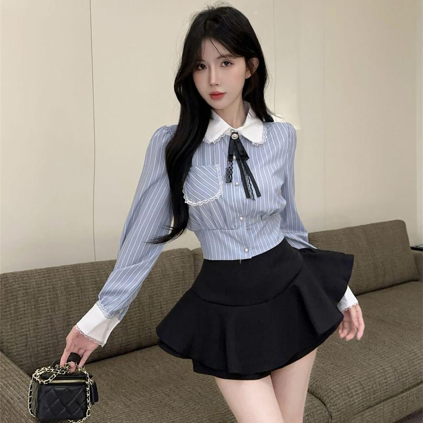 Long-Sleeve Striped Shirt / Ribbon / Mini A-Line Skirt Product Image