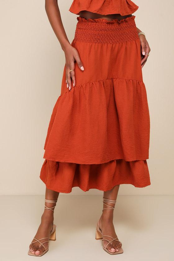 Exceedingly Effortless Rust Orange Smocked Tiered Midi Skirt Product Image