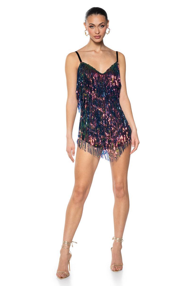 SHOW UP SEQUIN FRINGE MINI DRESS IN BLACK MULTI Product Image