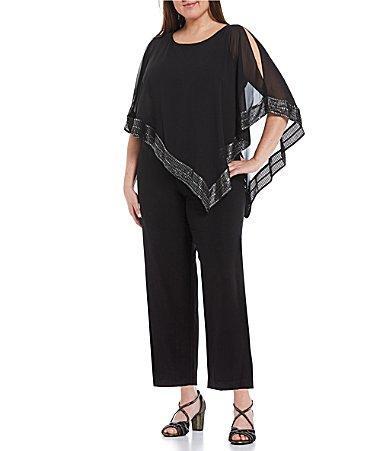 Ignite Evenings Plus Size Foil Trim Round Neck Asymmetric Cape 34 Sleeve Jumpsuit Product Image