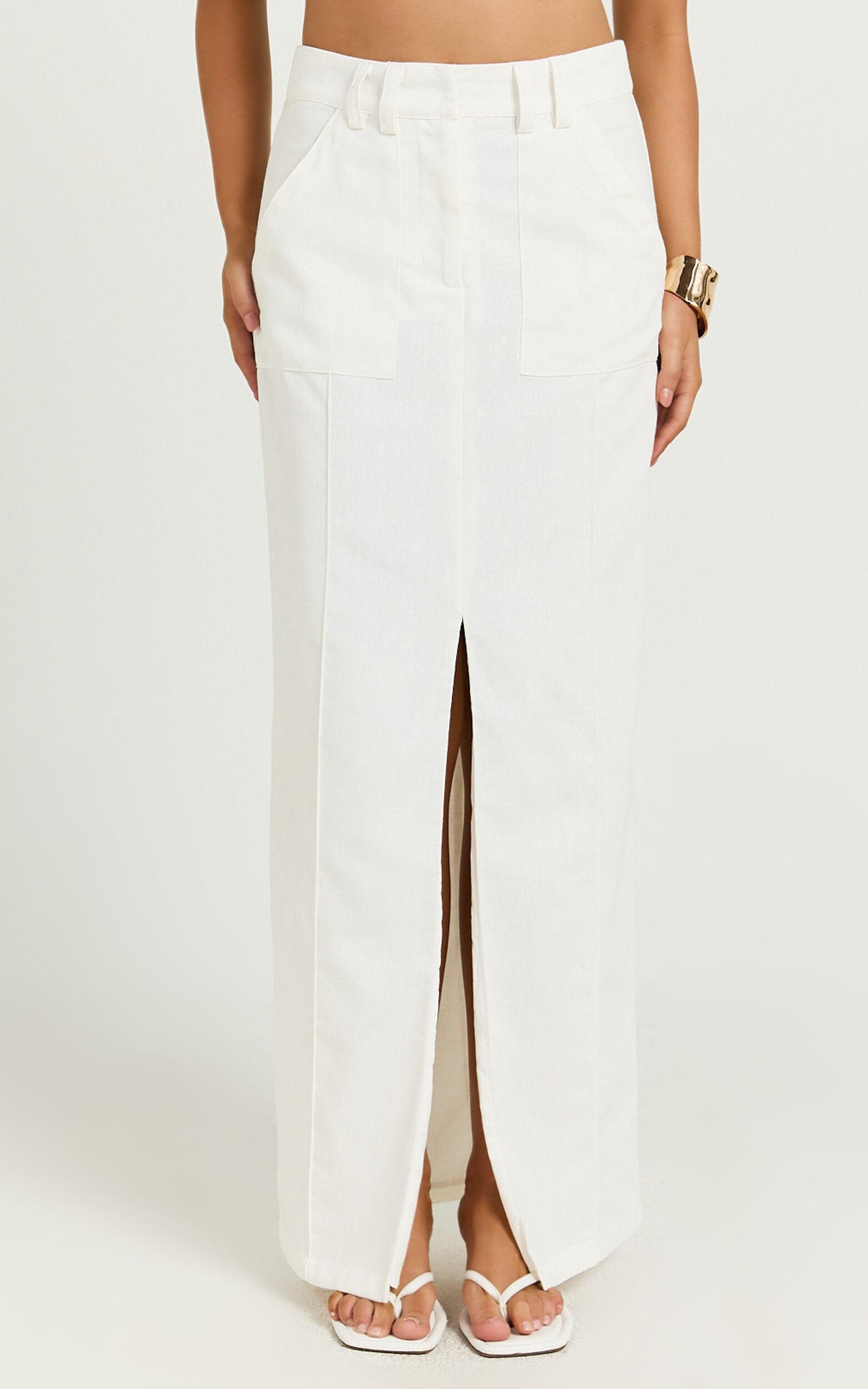 Bethany Maxi Skirt - High Waist Linen Front Split Cargo Skirt in Off White Product Image