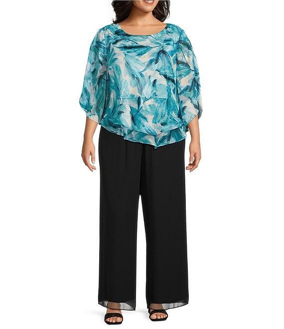 Alex Evenings Plus Size Chiffon Boat Neck 3/4 Sleeve Abstract Floral Print Double Tier Hem Blouse Product Image