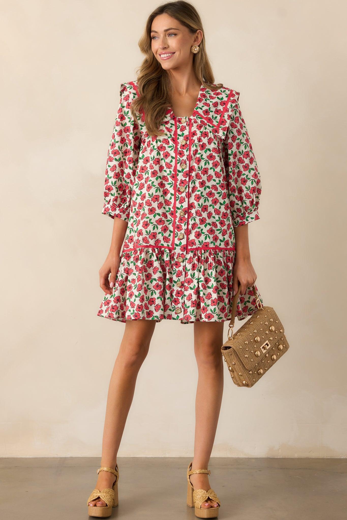 Butterfly Garden Red Cotton Button Front Mini Dress Product Image