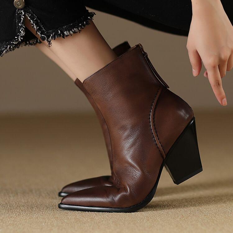 Genuine Leather Chunky Heel Short Boots Product Image