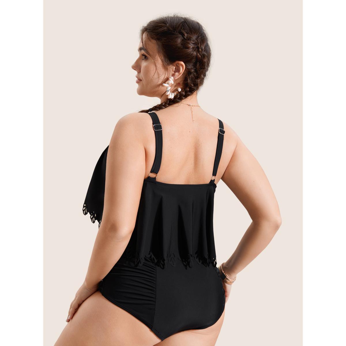 Plus Size Solid Ruffle Trim Laser Cut Swim Top Women's Swimwear Black Resort Cut-Out High stretch Bodycon U-neck Curve Swim Tops BloomChic 22-24/3X Product Image