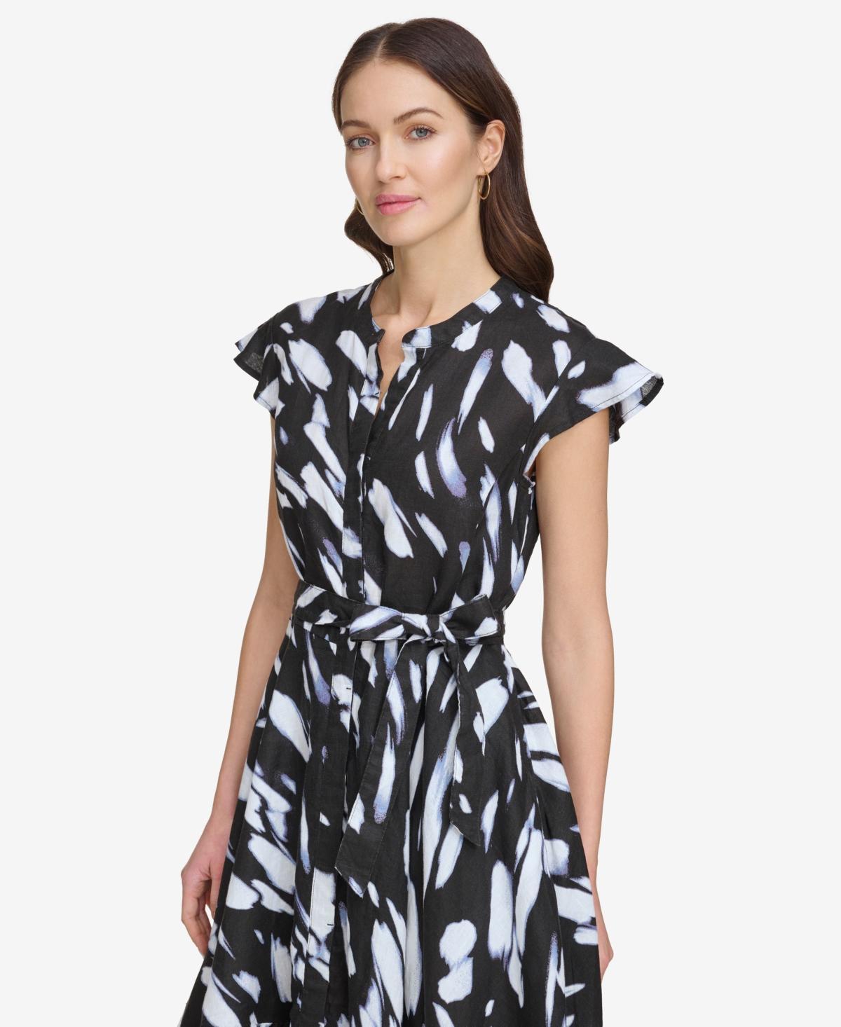 Dkny Womens Printed Tie-Waist Asymmetrical-Hem Linen Dress - Fluo Ylw Product Image