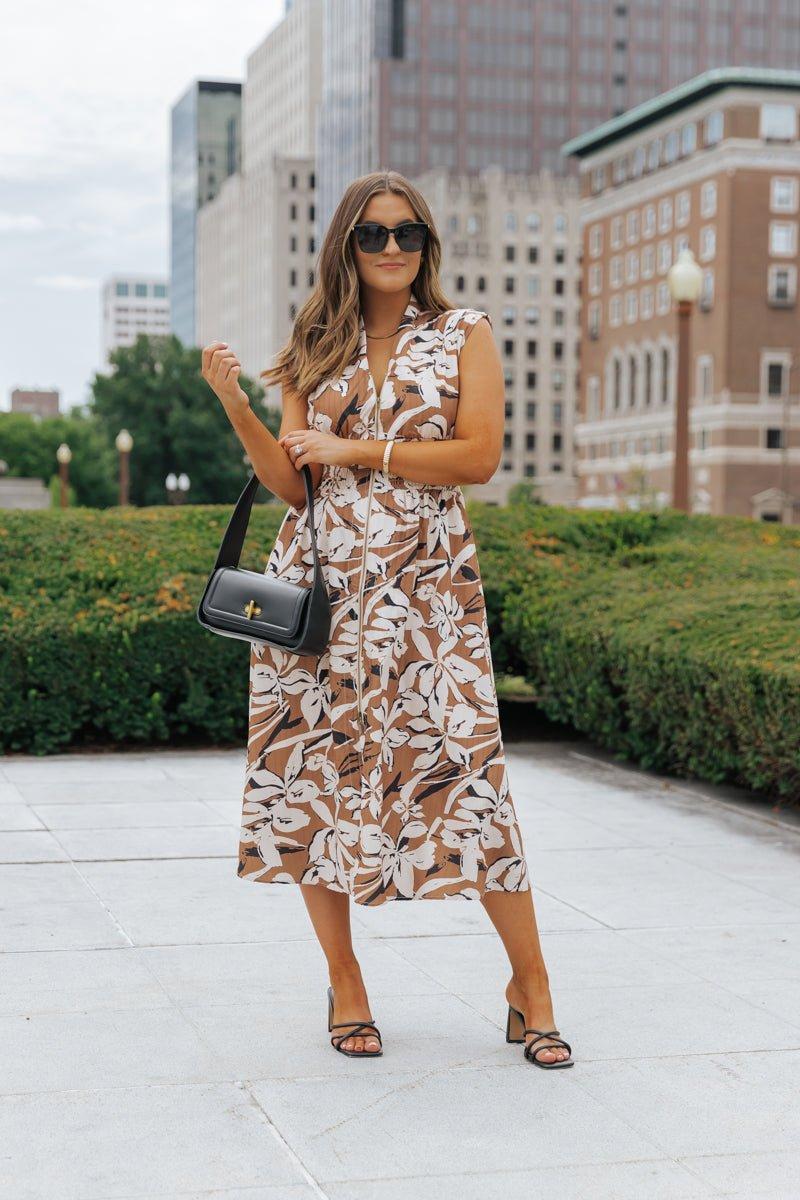 Brown Floral Zip Up Midi Dress - FINAL SALE Product Image