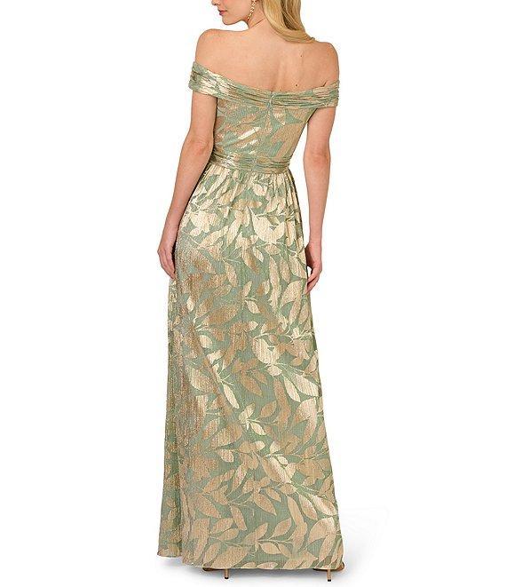 Adrianna Papell Foiled Knit Leaf Print Off-The-Shoulder Neck Sleeveless A-Line Gown Product Image