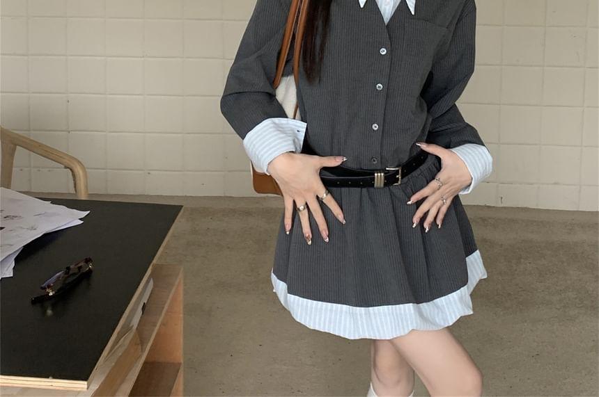 Long Sleeve Mock Two Piece Collar Striped Paneled Slim-Fit Mini A-Line Dress Product Image