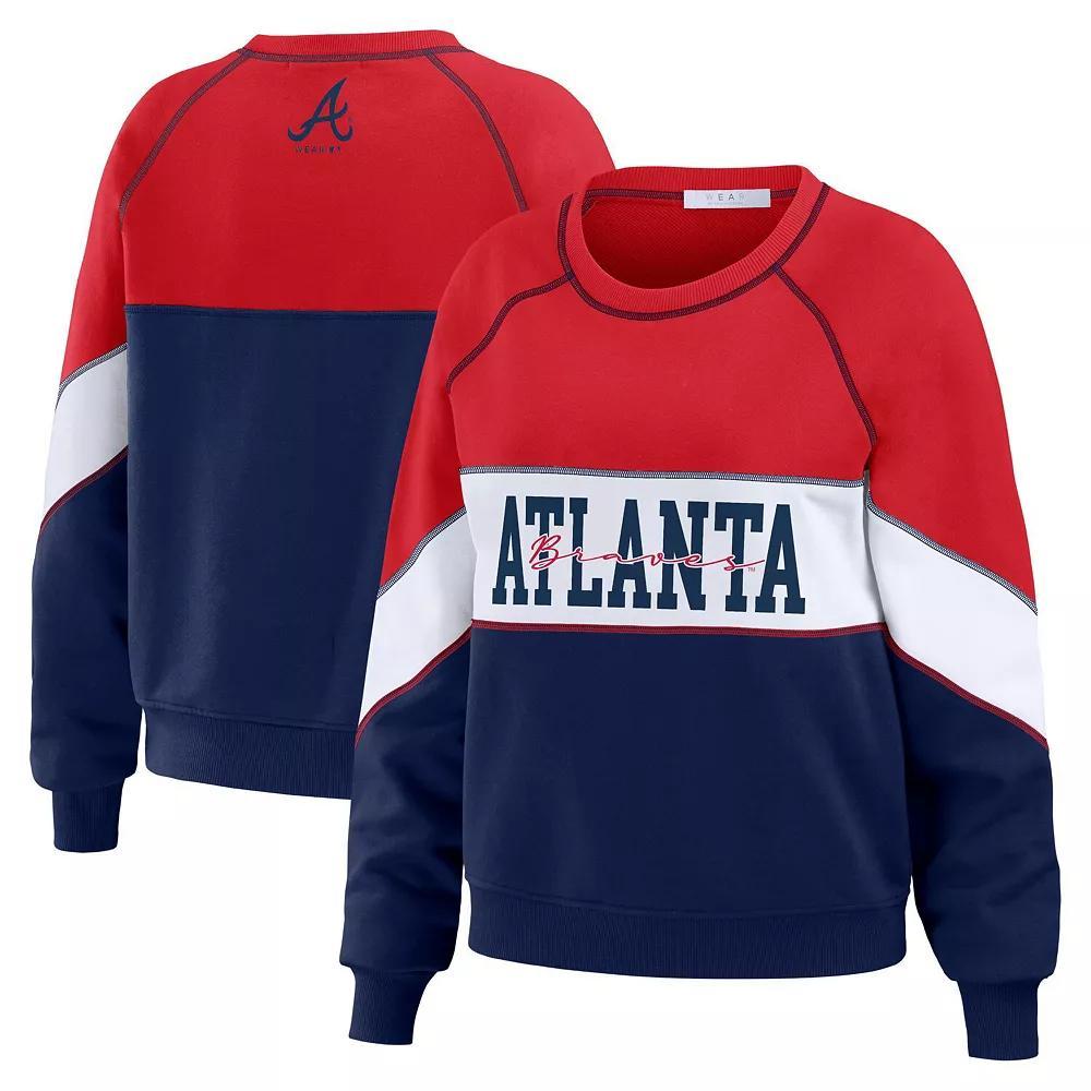 Women's WEAR by Erin Andrews Red/Navy Atlanta Braves Crewneck Pullover Sweatshirt,  Product Image