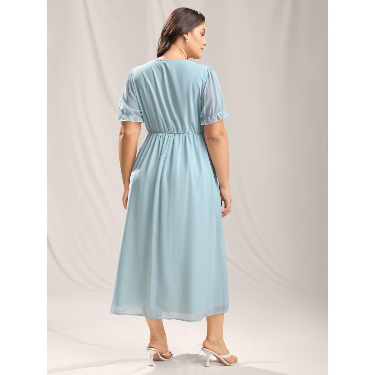 Plus Size Embroidered Sheer Chiffon Pockets Midi Dress LightBlue Women Notched collar Short sleeve Curvy BloomChic 22-24/3X Product Image