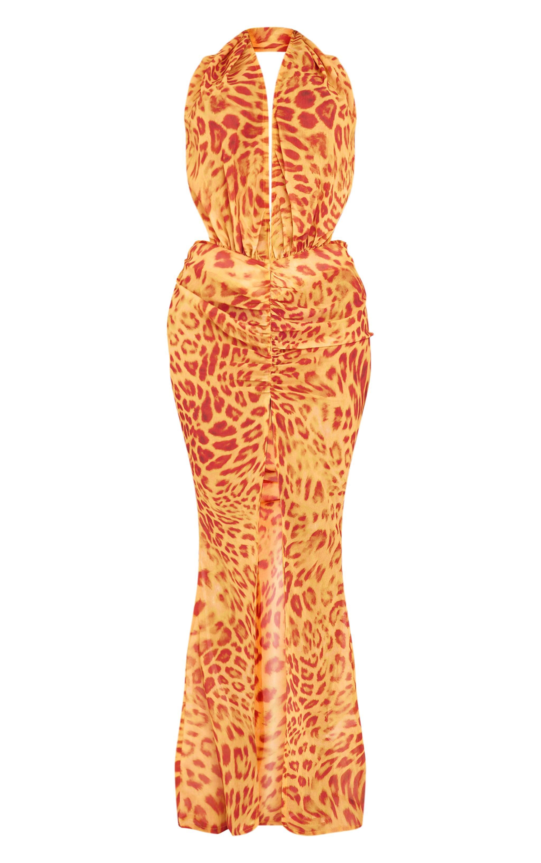 Shape Orange Leopard Printed Chiffon Drape Front Maxi Dress Product Image