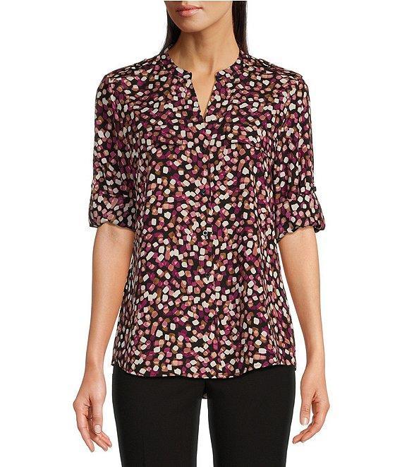 Calvin Klein Abstract Dot Printed Split V-Neckline Roll Tab Long Sleeve Blouse Product Image