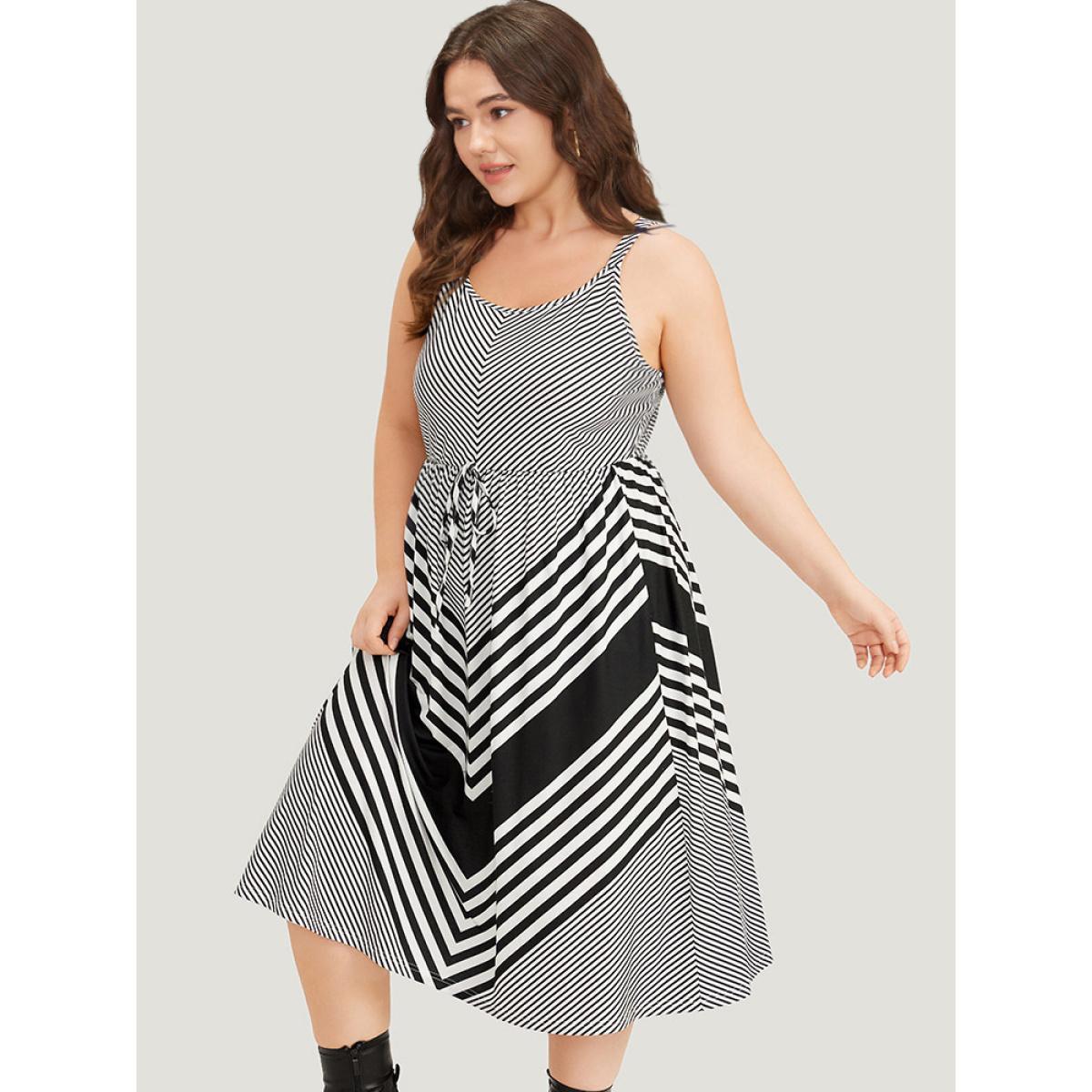 Plus Size Striped Patchwork Pocket Ties Flutter Hem Cami Dress Black Women Casual Adjustable Straps Spaghetti Strap Sleeveless Curvy Midi Dress BloomChic 18-20/2X Product Image