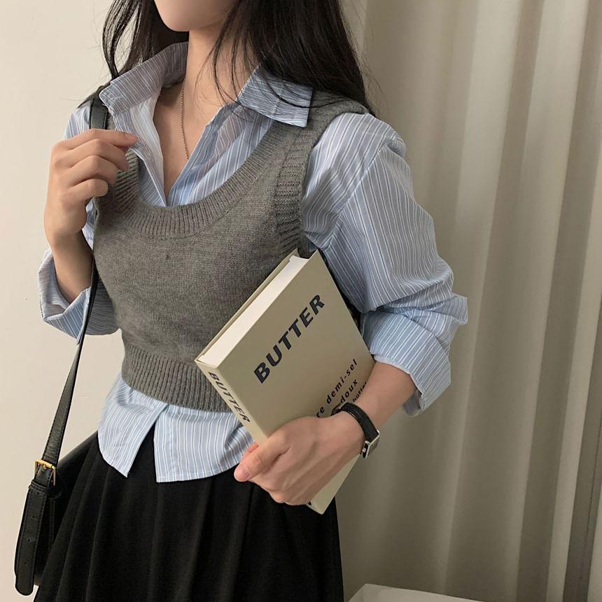 Striped Shirt / Plain Cropped Sweater Vest Product Image