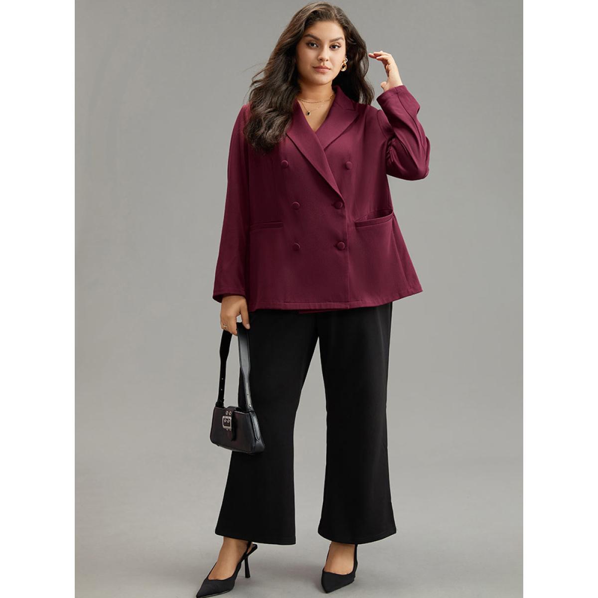Plus Size Solid Double Breasted Pocket Blazer Burgundy Women Work Plain Plain Sleeve Long Sleeve Suit Collar 26/4X Pocket Office Blazers BloomChic Product Image