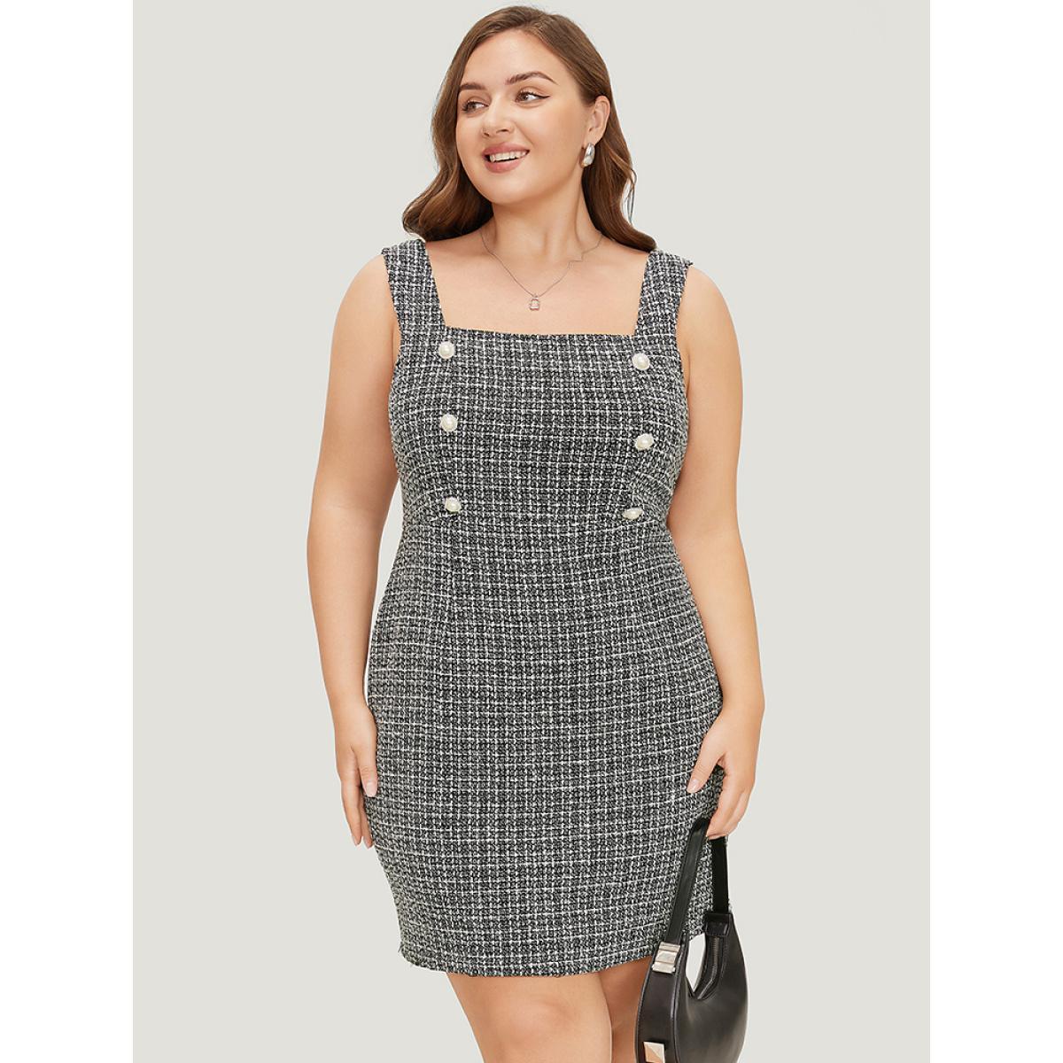 Plus Size Plaid Tweed Zipper Pearl Beaded Tank Dress Black Women Office Zipper Square Neck Sleeveless Curvy Short Dress BloomChic 22-24/3X Product Image