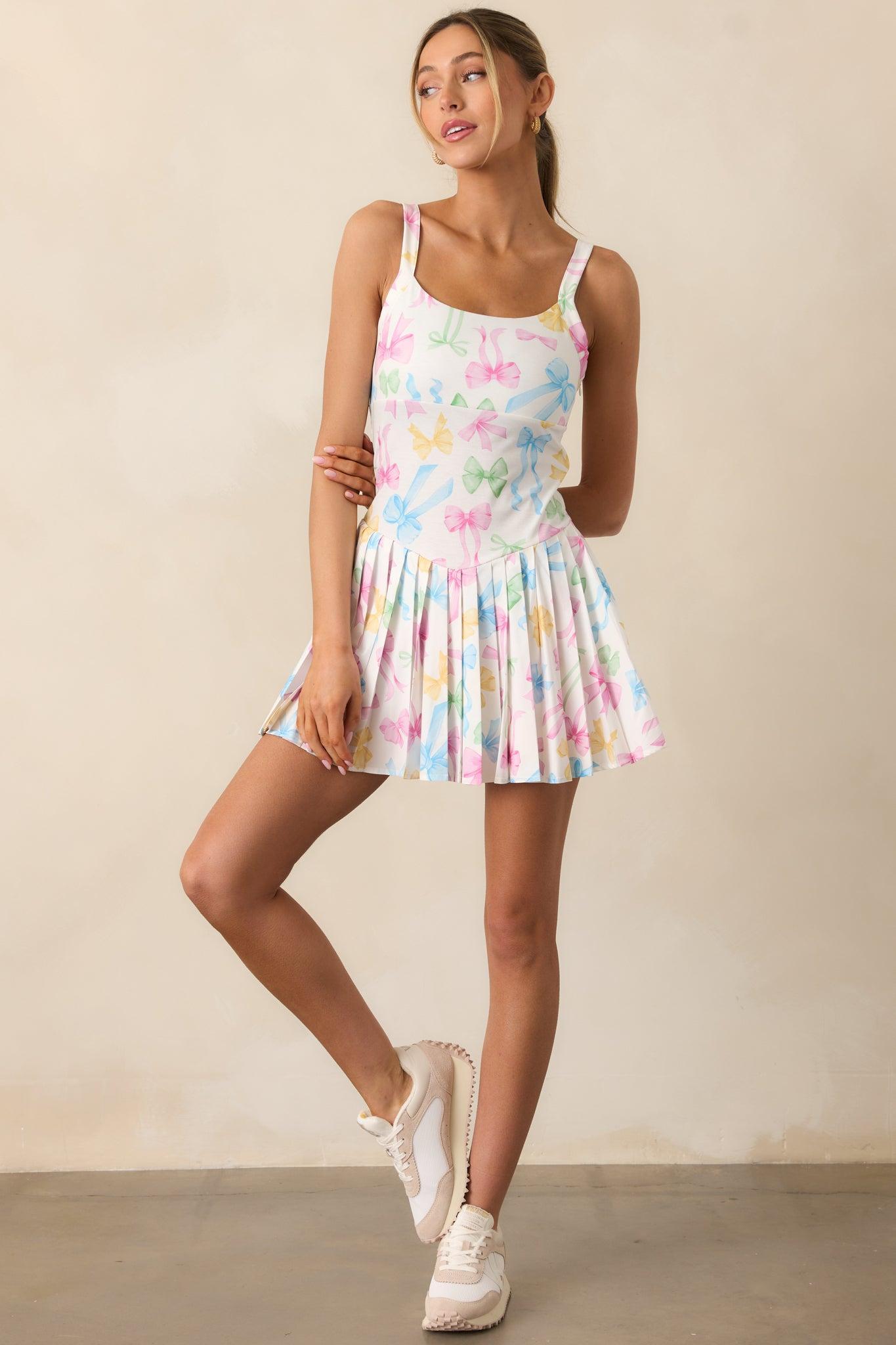 Ribbon Romance White Multi Bow Pleated Tennis Dress Product Image