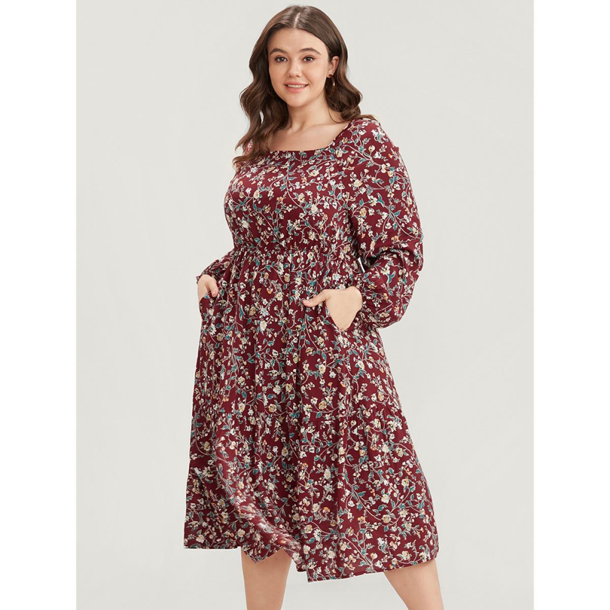 Plus Size Floral Pocket Lantern Sleeve Square Neck Flutter Dress Scarlet Women Elegant Tiered Square Neck Long Sleeve Curvy Midi Dress BloomChic 12/L Product Image