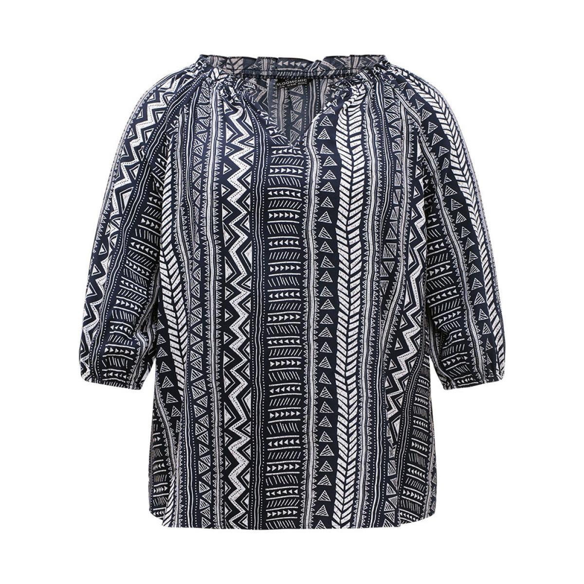 Plus Size Indigo Boho Print Frill Trim Raglan Sleeve Elastic Cuffs Blouse Women Resort Half Sleeve V-neck Vacation Blouses BloomChic 10/M Product Image