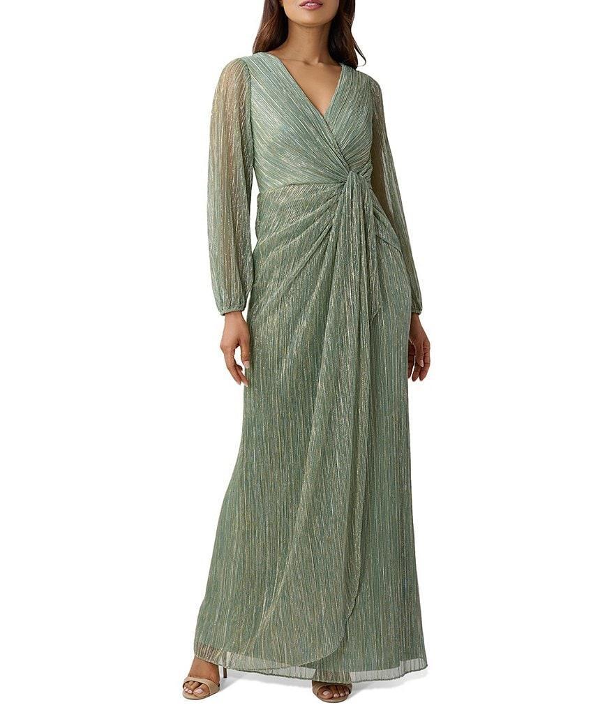 Adrianna Papell Metallic Long Sleeve Surplice V-Neck Ruched Detailed Draped Gown Product Image