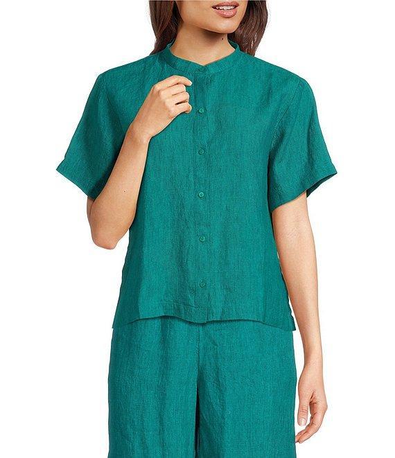 Eileen Fisher Washed Organic Linen Mandarin Collar Short Sleeve Button Front Top Product Image