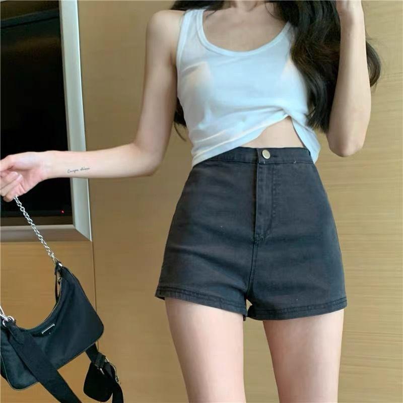 High Waist Plain Denim Shorts Product Image