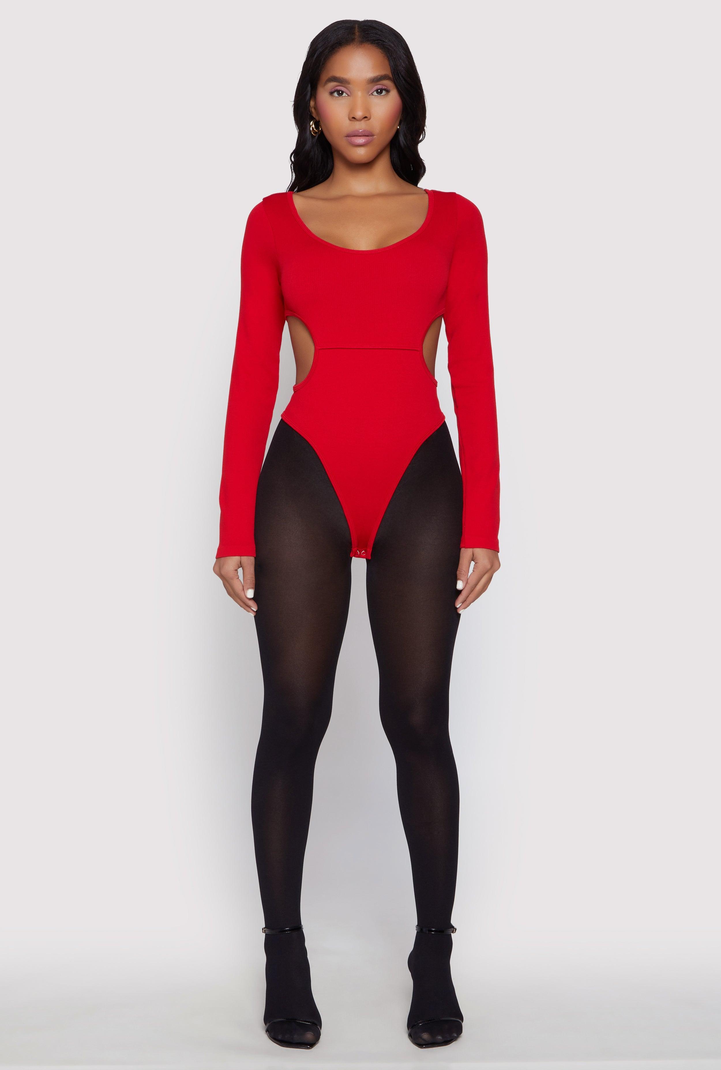 Womens Solid Cut Out Detail Long Sleeve Bodysuit Product Image